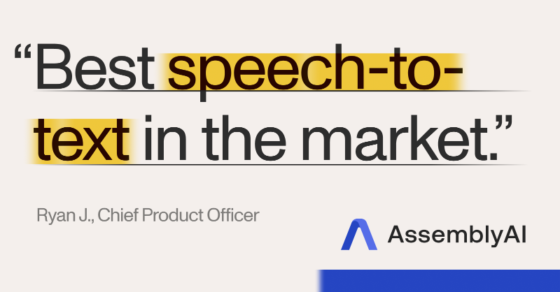 AssemblyAI's tweet photo. Our speech-to-text models are the most accurate on the market with top rankings across industry benchmarks.

- The highest accuracy rates—up to 95%
- Up to 30% fewer hallucinations than other leaders
- Low latency—63 minutes converts in 35 seconds

Try via API for free today 👇