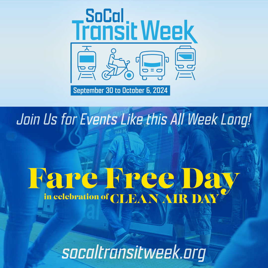 MoveLATransit's tweet photo. 🚍 Mark your calendars for October 2nd! Enjoy a fare-free day on Metrolink, LA Metro, and more!  Join us for the 2nd Annual Clean Air Mobility Forum in Pasadena, followed by an afterparty!🪩 Let’s celebrate clean air together! 🌎🌱#SoCalTransitWeek #FareFreeDay https://t.co/dUleoPN1zB