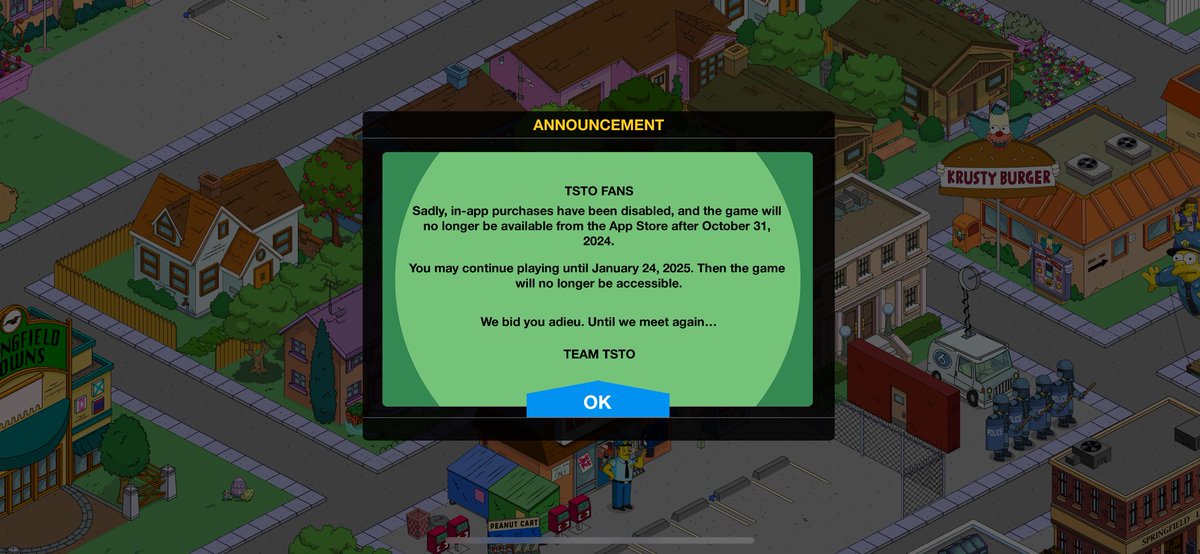 Genuinely sad about the end of Simpsons Tapped out, it’s my guilty pleasure mindless game I play, I used to play it over a decade ago and only started again this year 💔