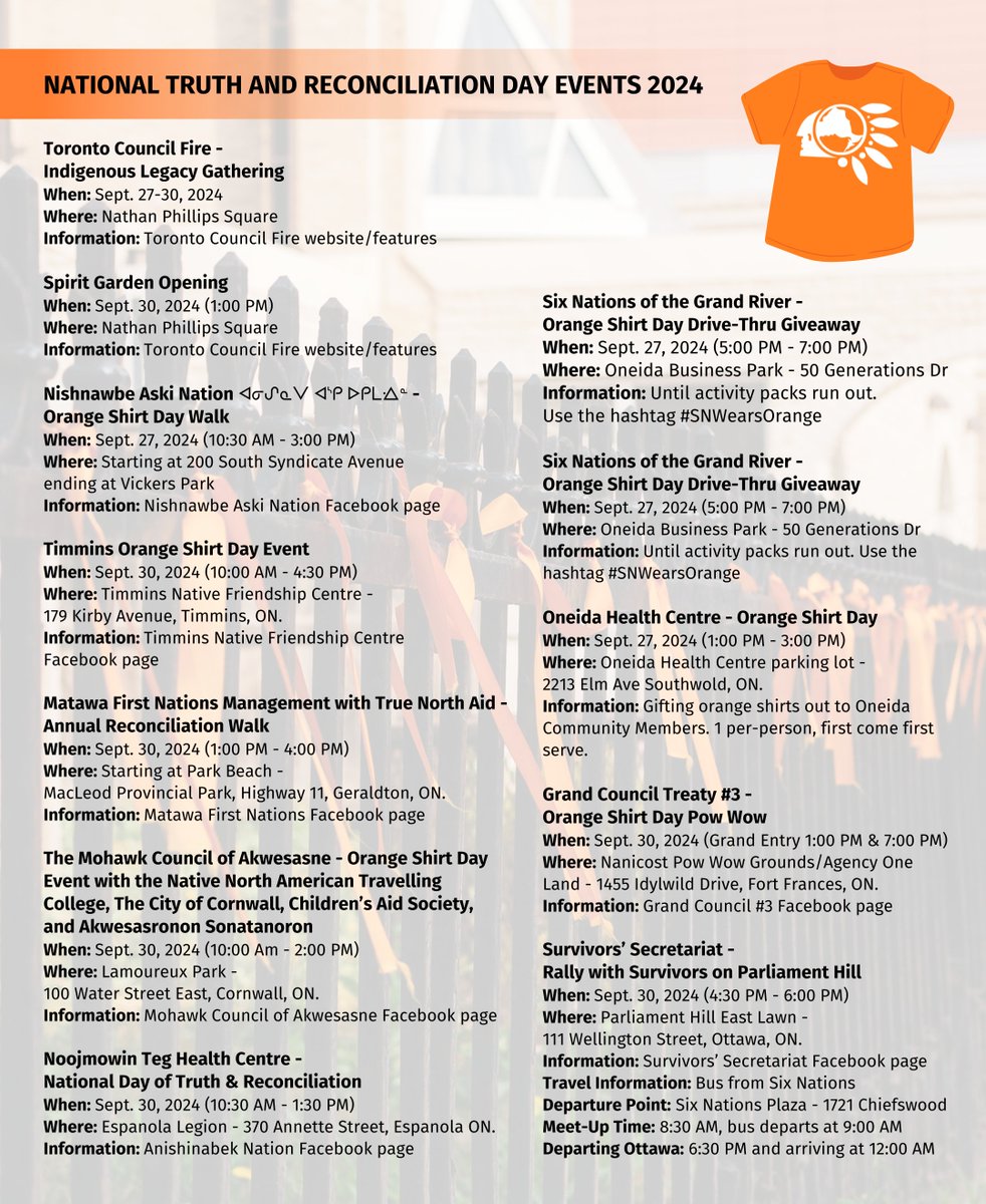 In recognition of National Truth and Reconciliation Day on September 30th, 2024, we’re highlighting some of the events taking place across Ontario to honor the strength and resilience of First Nations survivors, families, and communities. 1/3 #EveryChildMatters #NTRD2024