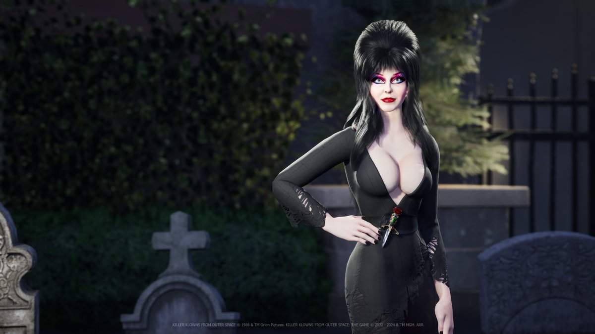 This 'Mistress of the Dark' is ready to grab a tool and start knocking some Klown's blocks off.

You could be playing as Elvira in Killer Klowns From Outer Space: The Game right now.