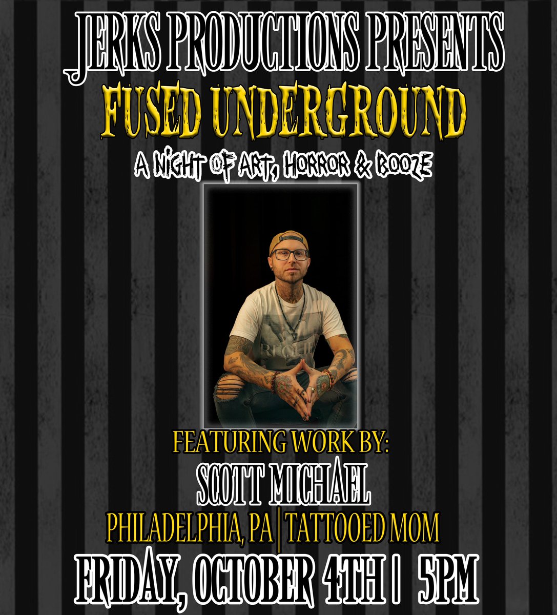 See the works of Scott Michael &amp; more at #FusedUnderground Friday, October 4th!
See more here: buff.ly/3XChzsK
5pm. FREE.
#JERKSProductions #SupportLocal #SupportLocalArt #TMoms #TattooedMoms