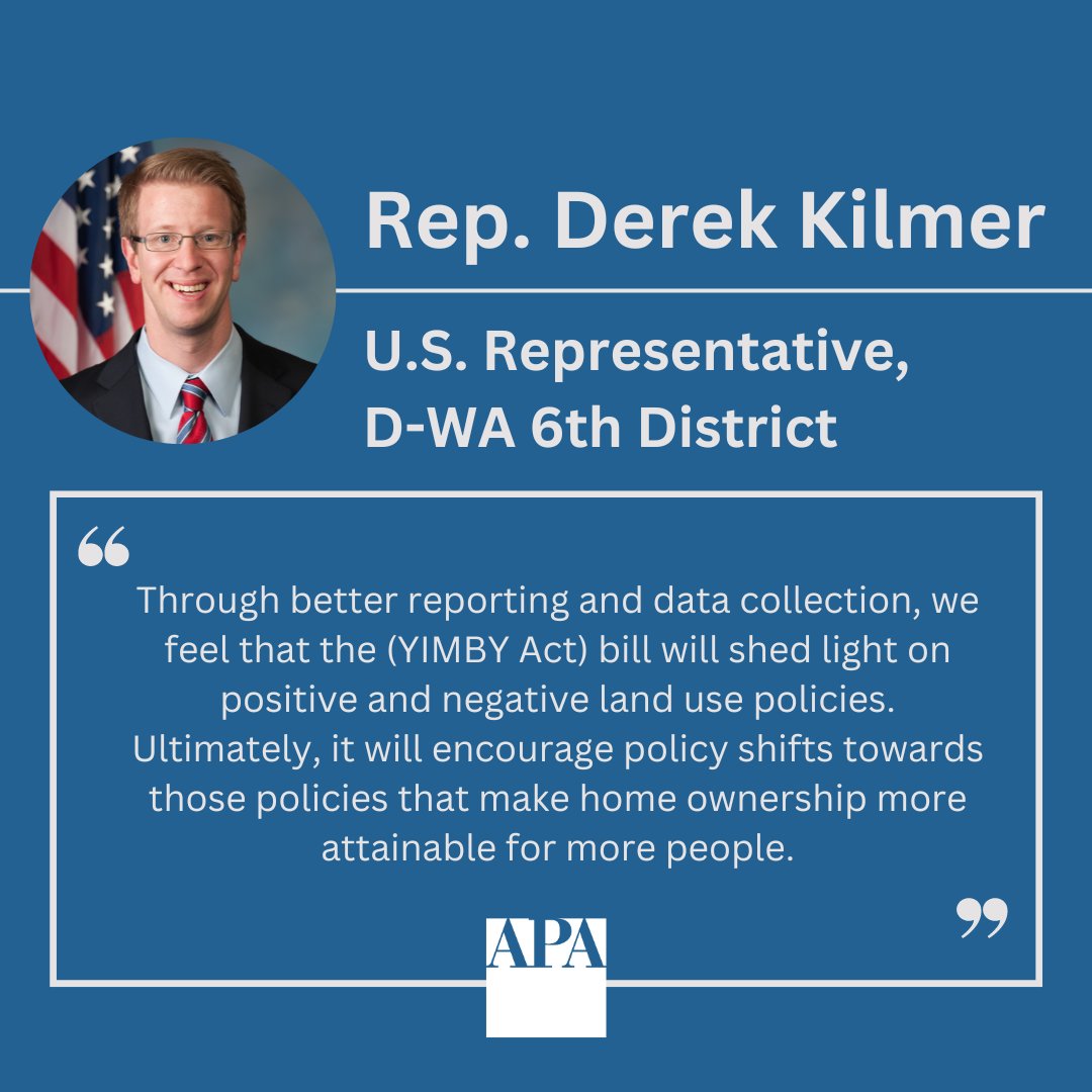 We couldn’t agree more! Thank you <a href="/RepDerekKilmer/">Rep. Derek Kilmer</a> for supporting #zoningreform on the federal level. Learn more about the YIMBY Act and other federal actions to support local reforms: bit.ly/42W0v3a