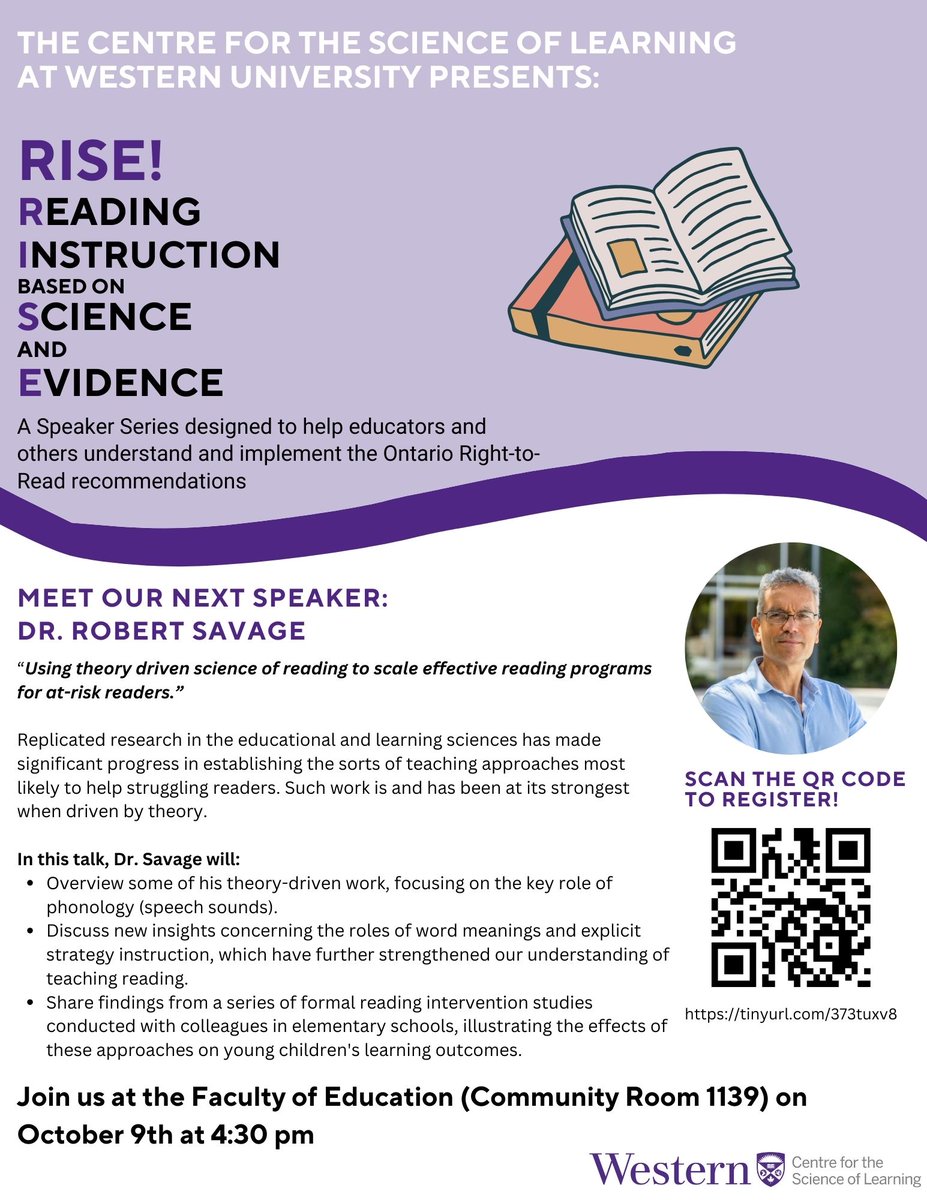 Centre for the Science of Learning (@scilearnuwo) on Twitter photo Excited to welcome Dr. Robert Savage from <a href="/YorkUeducation/">York University Education</a> as our next RISE Speaker! Learn more about his work in theory-driven science for at-risk readers. Register now! Seats are filling up fast! #ScienceOfReading #SciLearnUWO Excited to welcome Dr. Robert Savage from <a href="/YorkUeducation/">York University Education</a> as our next RISE Speaker! Learn more about his work in theory-driven science for at-risk readers. Register now! Seats are filling up fast! #ScienceOfReading #SciLearnUWO