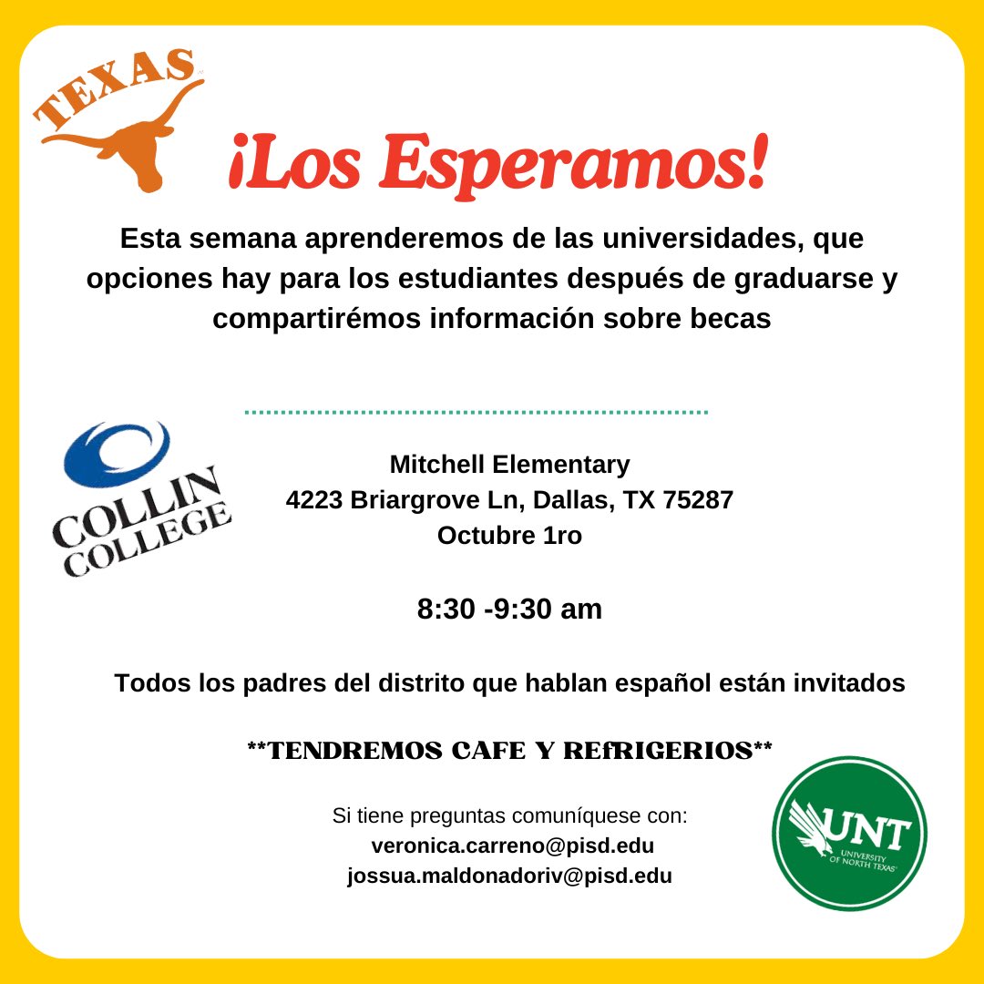 Los esperamos el próximo martes en Mitchell elementary para aprender de las universidades y opciones para sus hijos después de graduarse #masunidos