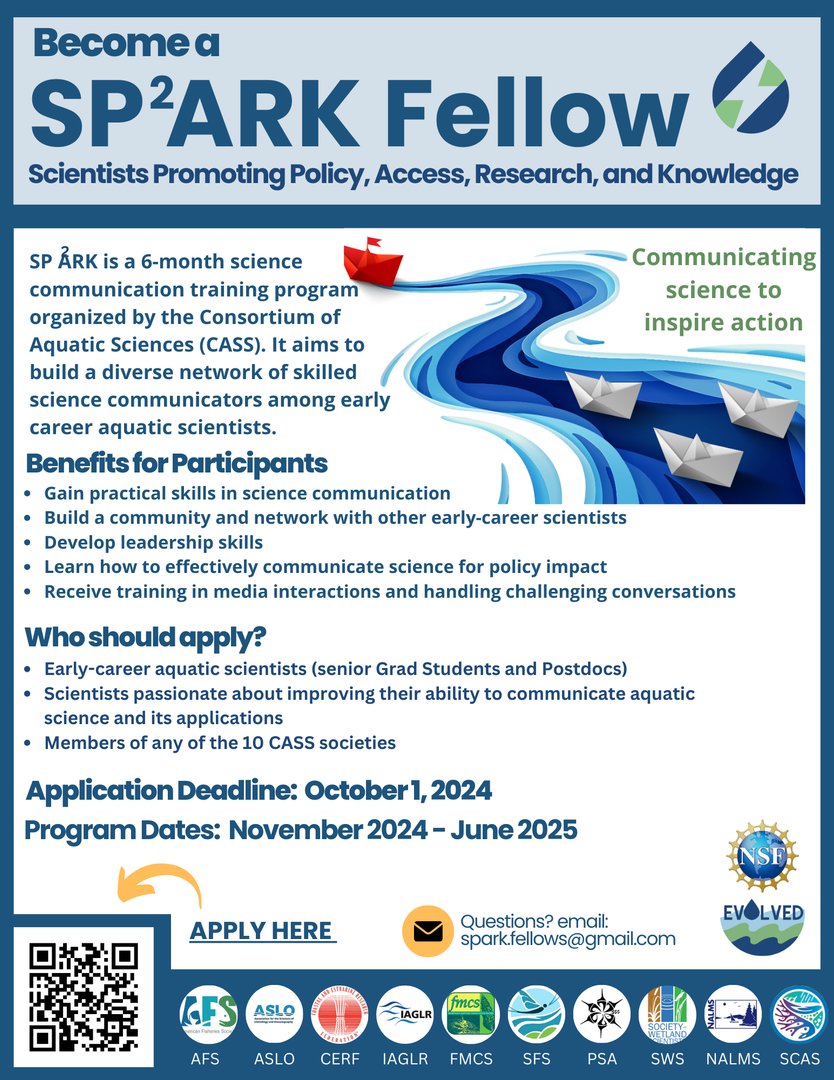 Interested in aquatic science #scicomm? Apply to become a SP2ARK fellow. Fellows will gain practical skills, build a community, develop leadership skills, and much more. Apply by October 1. Details at bit.ly/3XZfxo0