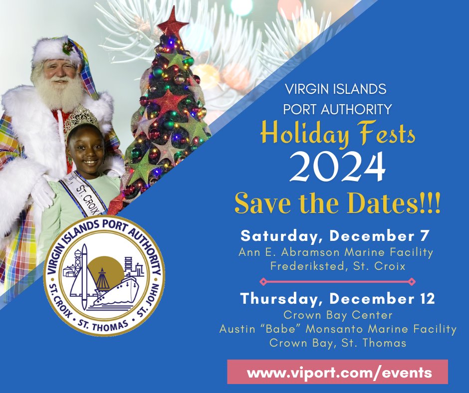CrownBayCenter's tweet photo. VIPA's #2024HolidayFests will be a cultural affair to remember! #SaveTheDates now!

ST. CROIX 
Saturday, December 7 
Ann E. Abramson Marine Facility, Frederiksted

ST. THOMAS
Thursday, December 12
Crown Bay Center at the Austin Monsanto Marine Terminal https://t.co/695StSZjAh