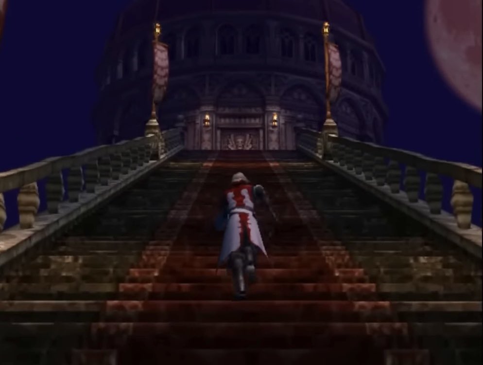 DarianBelmont's tweet photo. One of my favorite recurring moments in any Castlevania game is the iconic final staircase leading to Dracula’s throne room. You get a nice view of the castle below you that you conquered to get here, accompanied by an uninviting moon in the background. 
#Castlevania https://t.co/YkZozDTRON