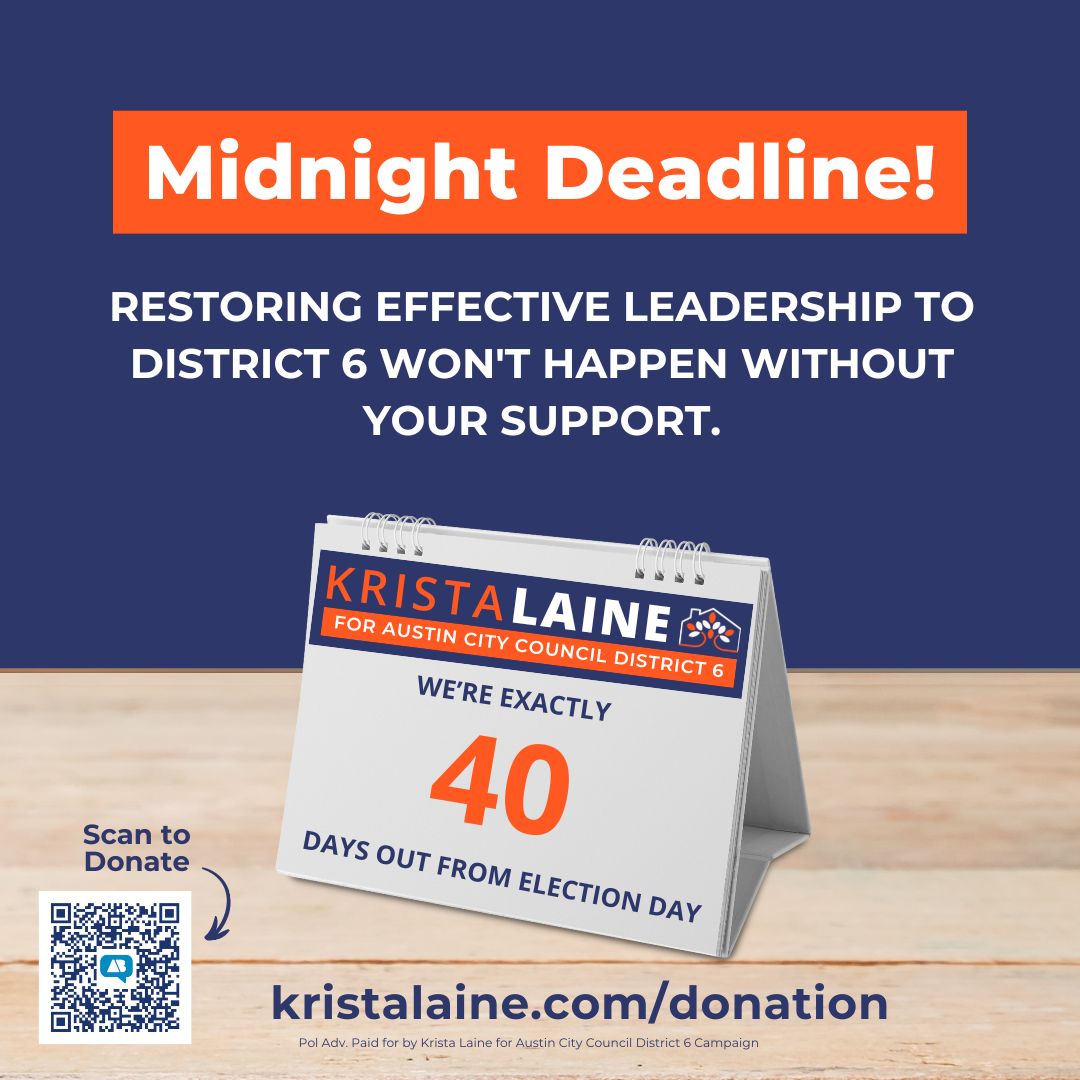 kristaforaustin's tweet photo. I'm ready to get to work on improving basic city services, increasing support for our public schools, and ensuring a vibrant quality of life. 

I can't do it without your support. Help me reach every voter by donating before midnight tonight.  

https://t.co/2fnqYGWGkP
#ATXD6 https://t.co/byDMJcfPog