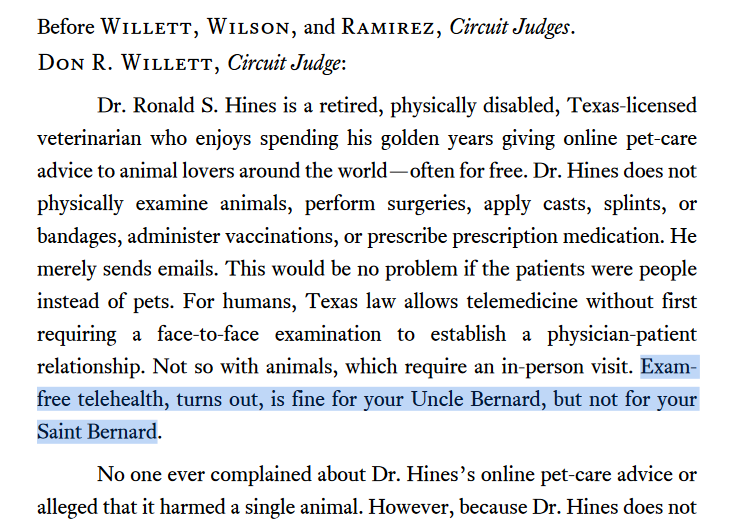 Anthony Sanders (@ijsanders) on Twitter photo Sorry to ruin everyone's afternoon, but it's time to drop everything & read this Judge Willett opinion for <a href="/IJ/">Institute for Justice</a>'s Ron Hines, finding the 1st Amendment protects the veterinarian's right to talk with pet owners. It starts with a St. Bernard joke. ij.org/wp-content/upl… Sorry to ruin everyone's afternoon, but it's time to drop everything & read this Judge Willett opinion for <a href="/IJ/">Institute for Justice</a>'s Ron Hines, finding the 1st Amendment protects the veterinarian's right to talk with pet owners. It starts with a St. Bernard joke. ij.org/wp-content/upl…