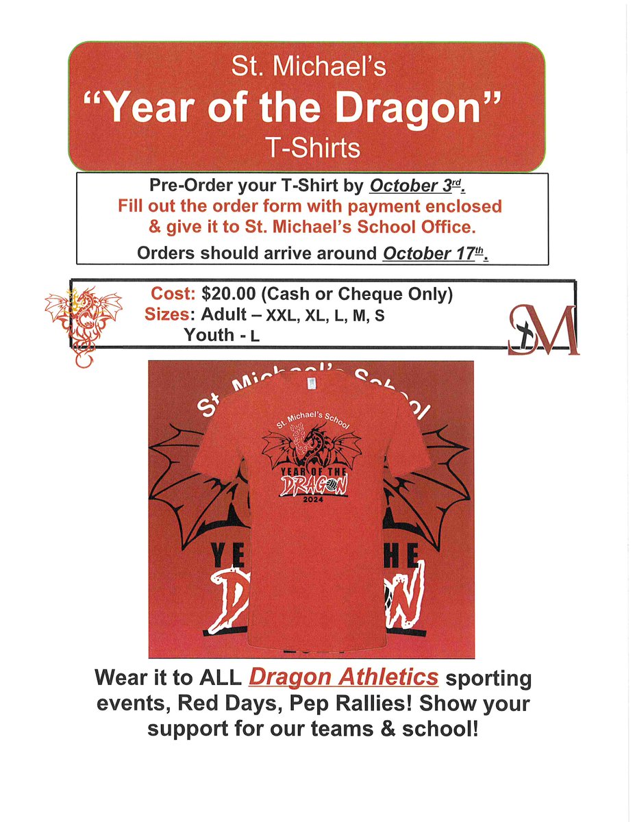 Reminder: tonight is our Welcome Back BBQ! We are so excited to see all of our beautiful families and enjoy welcoming you back to another great year at St. Michael's School.
Tonight you can order T-shirts too: St Michael's School, Year of the Dragon , 2025!