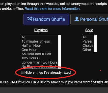 We care ballot (a lot) about the UI of the IFComp website, so here's a heads up about a new quality of life update to the ballot interface! 

Now you'll be able to hide entries you've already rated, simply by ticking a box. Boxcellent news, isn't tick?