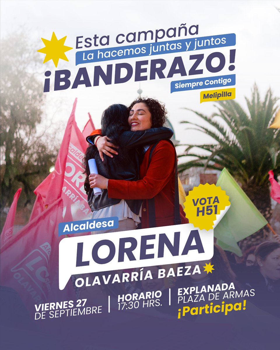 ¡Esta campaña la hacemos entre todas y todos! Te invitamos a participar de un nuevo banderazo por nuestra candidata @lorealcaldesa.
¿Cuándo? Viernes 29 de septiembre, 17:30 horas
¿Dónde? Plaza de Armas, Melipilla
Actívate, participa y motiva a tus amigas y amigos.
¡Te esperamos!