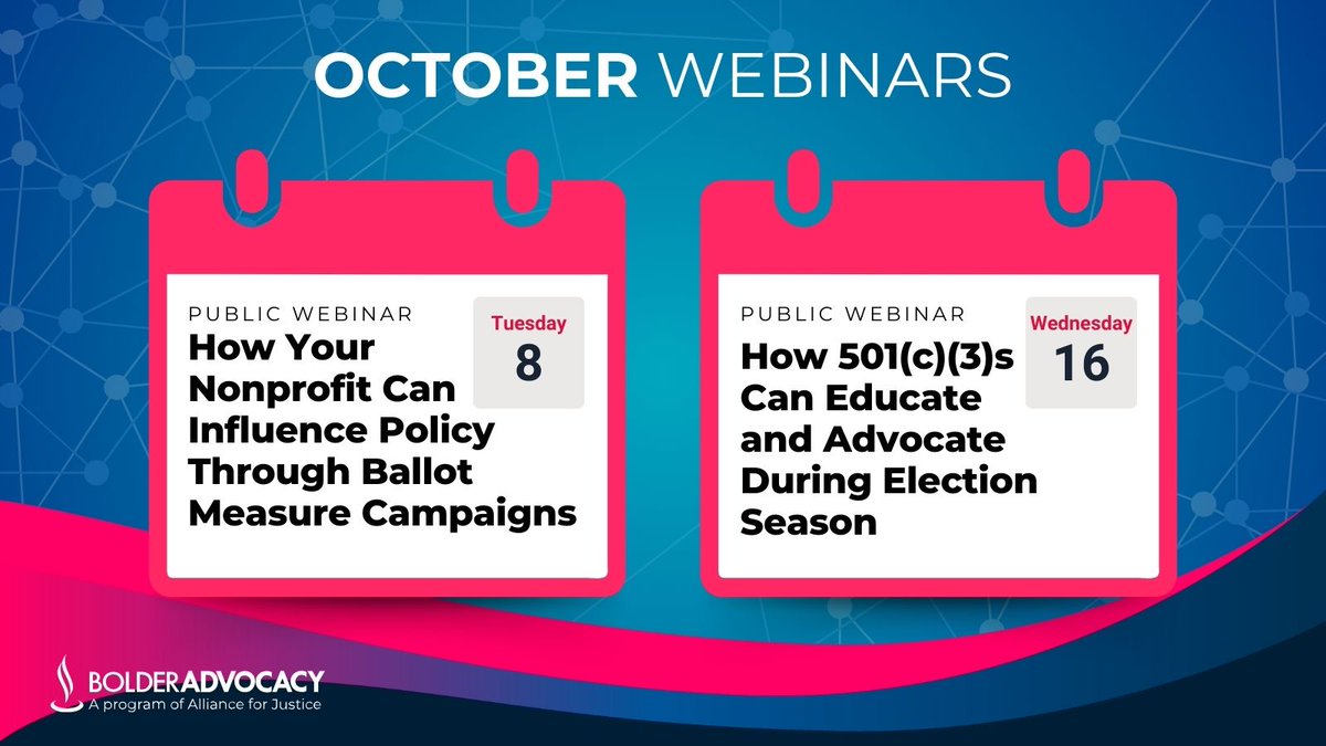 35 DAYS UNTIL THE ELECTION 📆🗳️☑️ With the #2024Election around the corner, it’s more important than ever for nonprofits to be equipped with the right tools to advocate effectively and empower communities. 

Sign up for one of our October webinars today: bolderadvocacy.org/training-and-e…