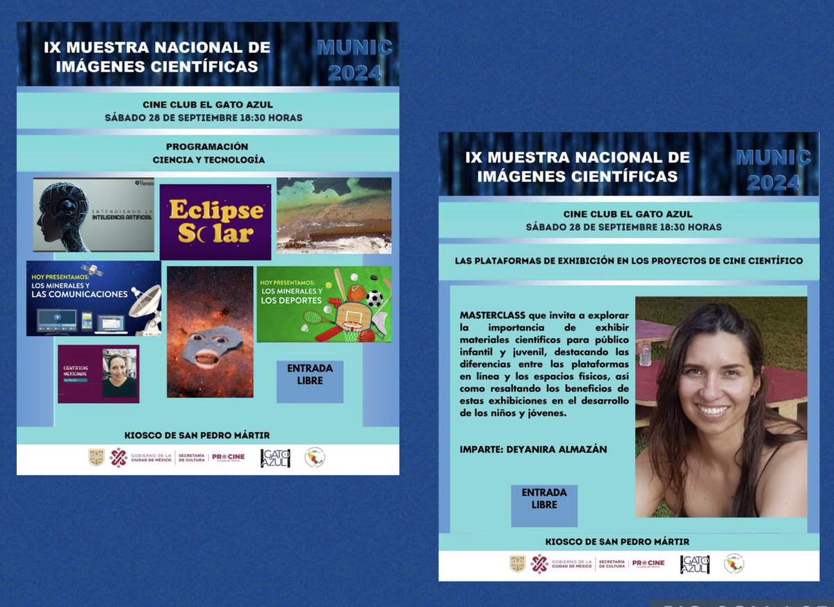 MuestraMunic's tweet photo. Y seguimos con MUNIC 2024 lleno de cine y audiovisual científico para todos… El sábado 28 en Cine Lido, Cine Club El Gato Azul y el domingo 29 en Barco Utopía ¡Acompáñenos!
#PROCINE #FCE #cineclubelgatoazul #barcoutopíaiztapalapa #MUNIContigo #CineMexicano #cineyciencia https://t.co/Yi2lAmusCo