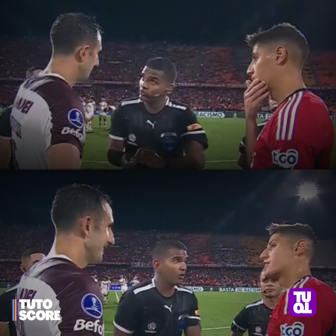 TuToScore's tweet photo. INCREÍBLE PERO CIERTO ❌😬 Pablo Lima ganó el sorteo de capitanes en la Copa Sudamericana y decidió patear SEGUNDO, dando la posibilidad de arrancar la serie de disparos desde el punto de penal a Lanús 🤔🔥 https://t.co/gCDqeCwaLs