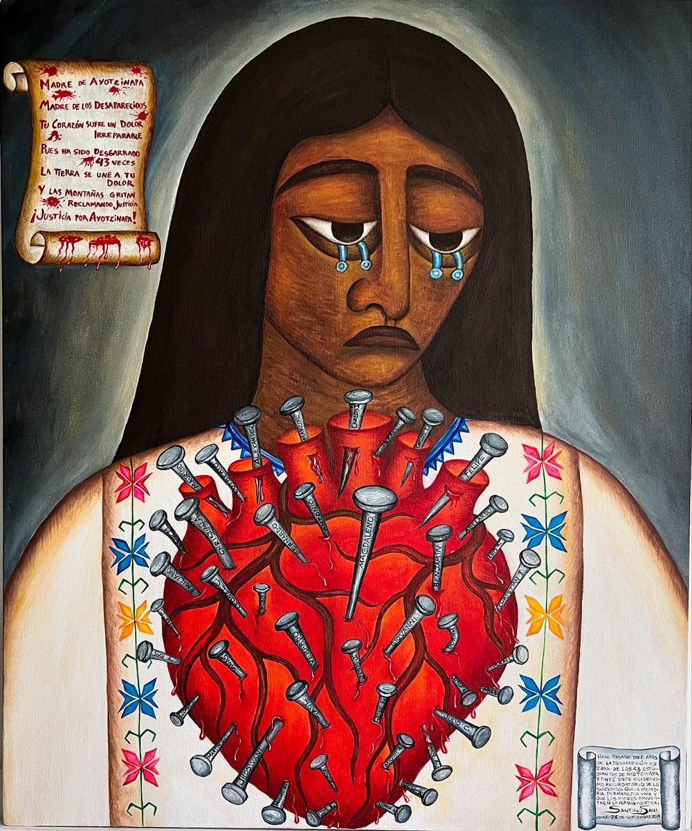 santiago_savi's tweet photo. Madre de Ayotzinapa
Madre de los desaparecidos
tu corazón sufre un dolor irreparable
pues ha sido desgarrado 43 veces.
La tierra se une a tu dolor
y las montañas gritan reclamando Justicia,
Justicia por Ayotzinapa!!!
—
#Ayotzinapa10años 
#AyotzinapaVerdadyJusticia https://t.co/dCjlWFpaVK