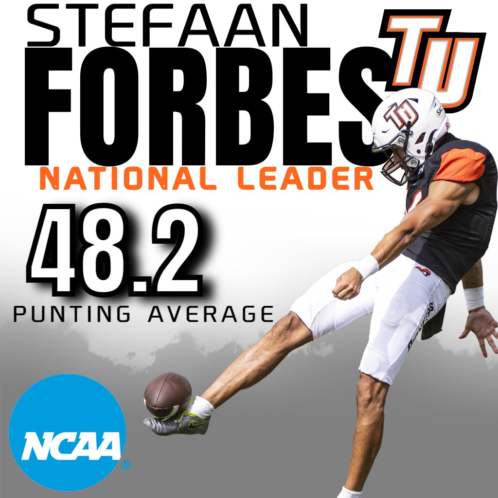 .<a href="/TusculumFB/">Tusculum Football</a> Stefaan Forbes leads <a href="/NCAADII/">NCAA Division II</a> with his 48.2 punting average. He established a new TU single-game record with his 59.0 average against Newberry #PioneerUP #WeArePioneers