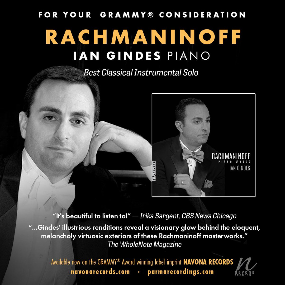 IGindes's tweet photo. For your consideration, RACHMANINOFF, by Ian Gindes, Best Classical Instrumental Solo @RecordingAcad #piano #recordingartist #pianist https://t.co/EwUBMOA5BK