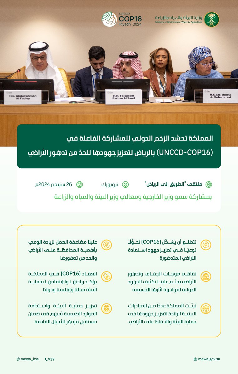 MEWA_KSA's tweet image. المملكة تدعو المجتمع الدولي للمشاركة الفاعلة في (COP16) بالرياض؛ تعزيزًا للجهود الدولية للحدّ من تدهور الأراضي⁩، بمشاركة سمو وزير الخارجية، ومعالي الوزير، في ملتقى "الطريق إلى الرياض"، على هامش اجتماع الجمعية العمومية للأمم المتحدة المنعقد في مدينة نيويورك.

#كوب16_الرياض