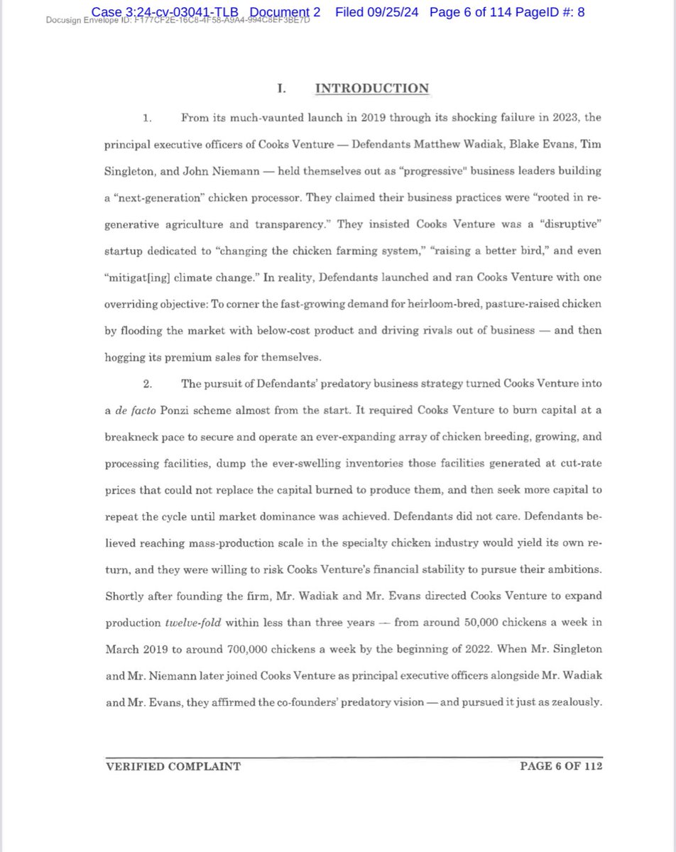 musharbash_b's tweet photo. 2. Our complaint alleges that the defendant executives (Matthew Wadiak, Blake Evans, Tim Singleton, and John Niemann) directed Cooks Venture to grow at a “breakneck pace” in a bid to dominate the fast-growing market for pasture-raised chicken— and to “secure the chicken-growing facilities and services” necessary to pursue that ambition “through a systematic campaign of fraud and deceit against the poultry farmers of Northwest Arkansas.”