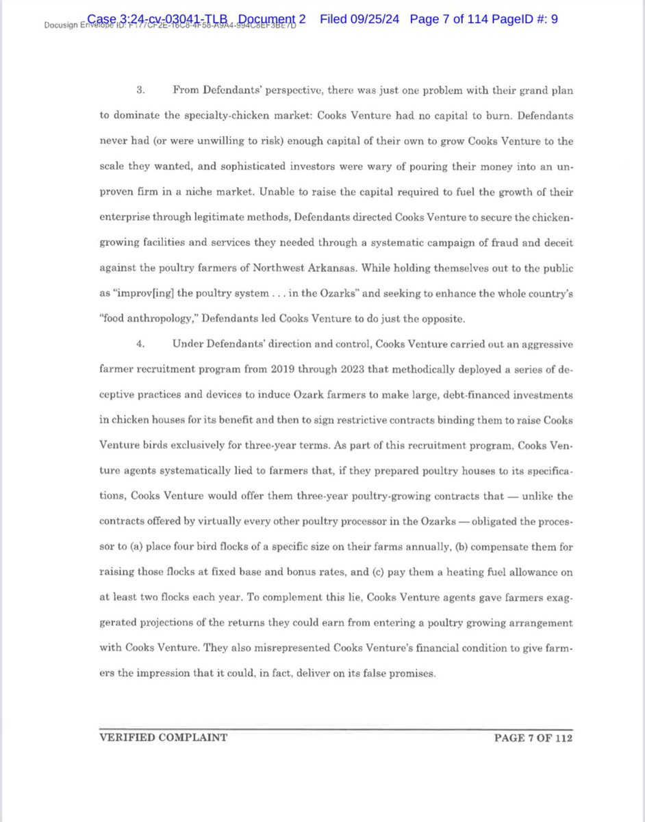 musharbash_b's tweet photo. 2. Our complaint alleges that the defendant executives (Matthew Wadiak, Blake Evans, Tim Singleton, and John Niemann) directed Cooks Venture to grow at a “breakneck pace” in a bid to dominate the fast-growing market for pasture-raised chicken— and to “secure the chicken-growing facilities and services” necessary to pursue that ambition “through a systematic campaign of fraud and deceit against the poultry farmers of Northwest Arkansas.”