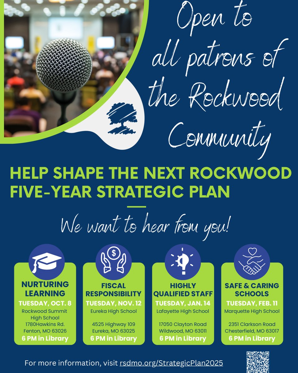 Rockwood is holding community engagement meetings to gather input as we shape our 5-year strategic plan. The first is Oct. 8 at Rockwood Summit on the theme "Nurturing Learning." 

We want to hear from you! #PartnerPlanPromise

For more information, visit rsdmo.org/StrategicPlan2…