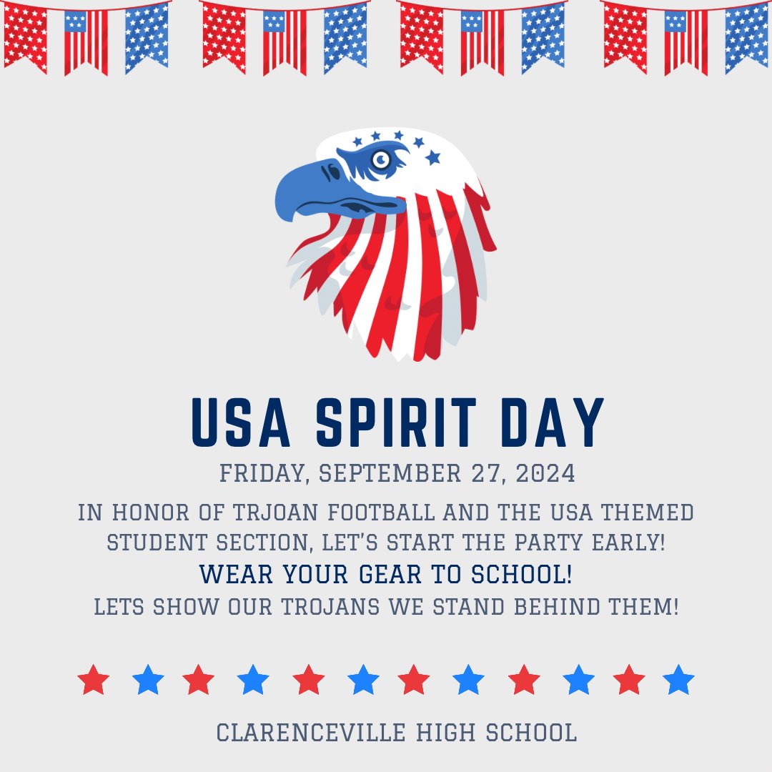 CvilleStuCo_'s tweet photo. Let’s start the party early tomorrow! Wear your USA themed gear to school in preparation for Friday Night Lights. Reminder, Trojan Tailgate with music, freebies, and games starts at 5:30PM in the student lot. Be in the student section by the 7PM kick-off! #CHS_TrojanPride https://t.co/B0IjYjf24u