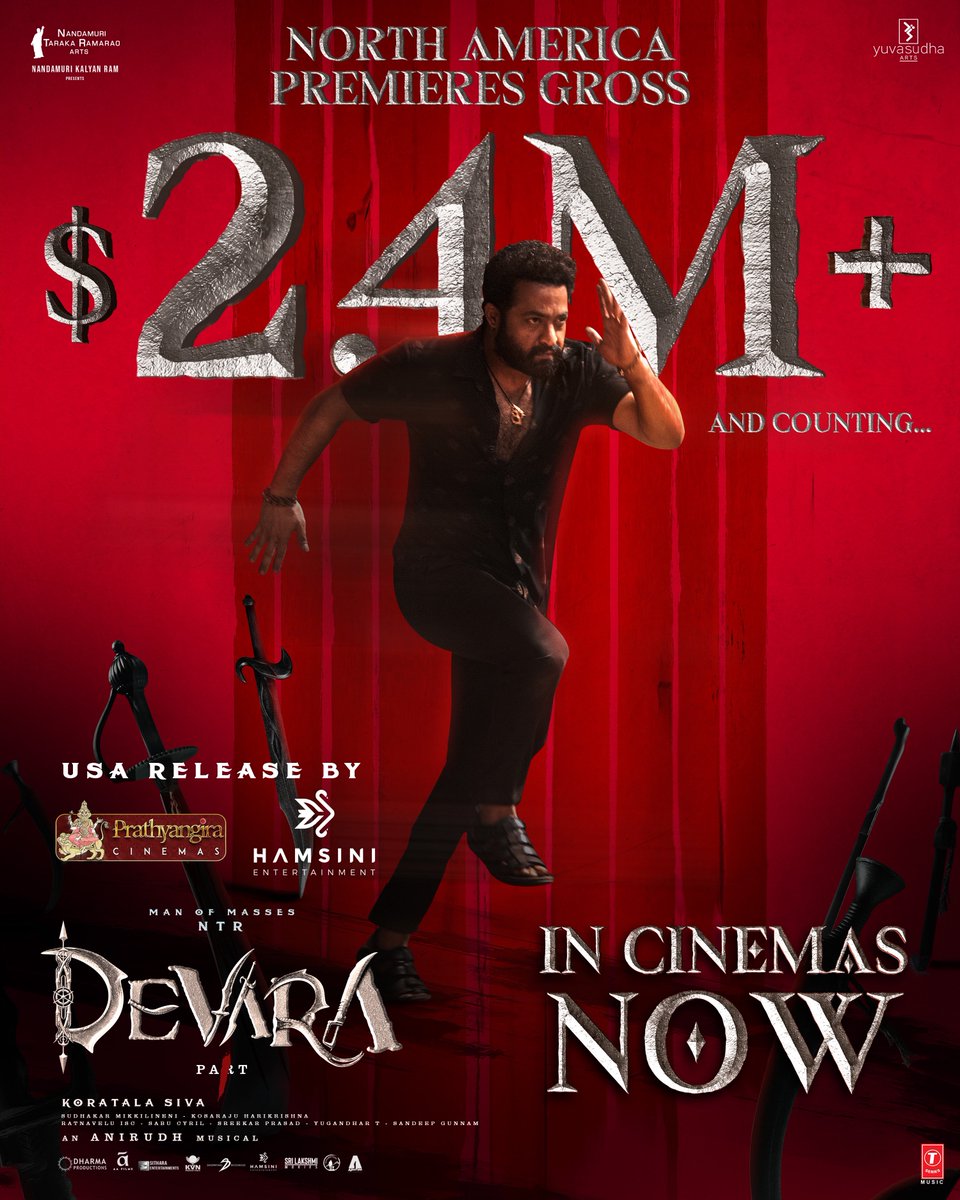 Prathyangira Cinemas (@prathyangiraus) on Twitter photo Running a HIGH-OCTANE blast at the box office! 🔥🔥
#Devara hits $2.4 Million+ North America Premieres gross and going super strong! 💥💥
#DevaraUSA by <a href="/PrathyangiraUS/">Prathyangira Cinemas</a> & <a href="/Hamsinient/">Hamsini Entertainment</a> Running a HIGH-OCTANE blast at the box office! 🔥🔥
#Devara hits $2.4 Million+ North America Premieres gross and going super strong! 💥💥
#DevaraUSA by <a href="/PrathyangiraUS/">Prathyangira Cinemas</a> & <a href="/Hamsinient/">Hamsini Entertainment</a>