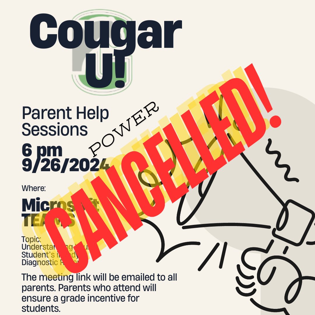 CMOS_Principal's tweet image. CMOS Families: the Cougar U! Family Engagement scheduled for 6 pm today has been cancelled. A new date will be announced for next week. We apologize for the inconvenience. #unlockingpossibilities🔐 to #AIMHigh🚀