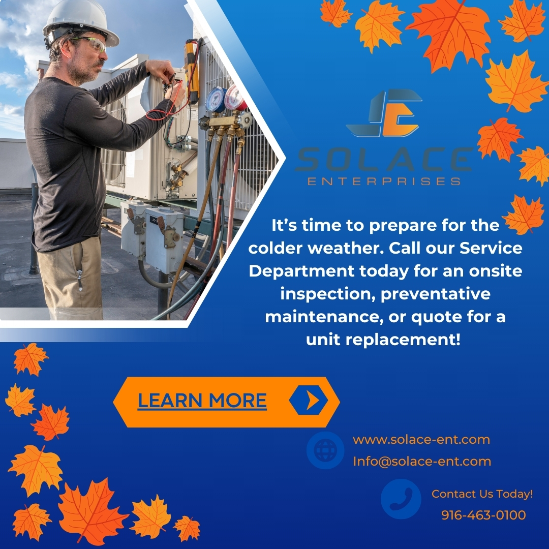 Solaceenthvac's tweet photo. As the cooler weather months approach, it's important to prepare your HVAC system for winter to ensure your tenants are cozy and systems are running efficiently. #HVAC #Plumbing #Solar https://t.co/eNC1mfa16d