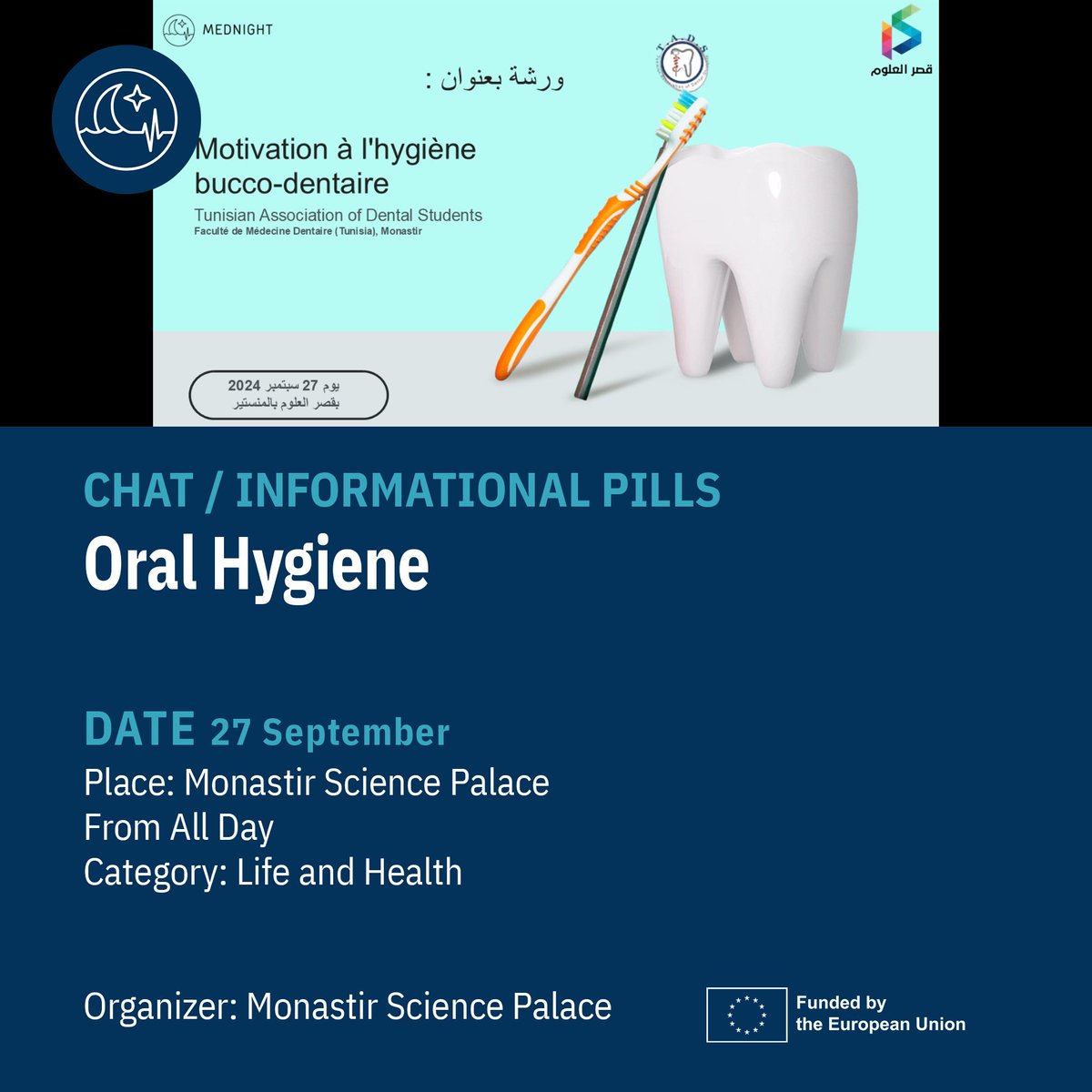 MednightEu's tweet photo. Mediterranean Researchers' Night is coming up, with lots of activities in Monastir.
Don't miss it!
+Info: https://t.co/e7T4lPsjDZ
#mediterraneanscience #NightTunisia #unitedbyscience #EuropeanResearchersNight
@Palais_Sciences https://t.co/F0JHxjVkLH