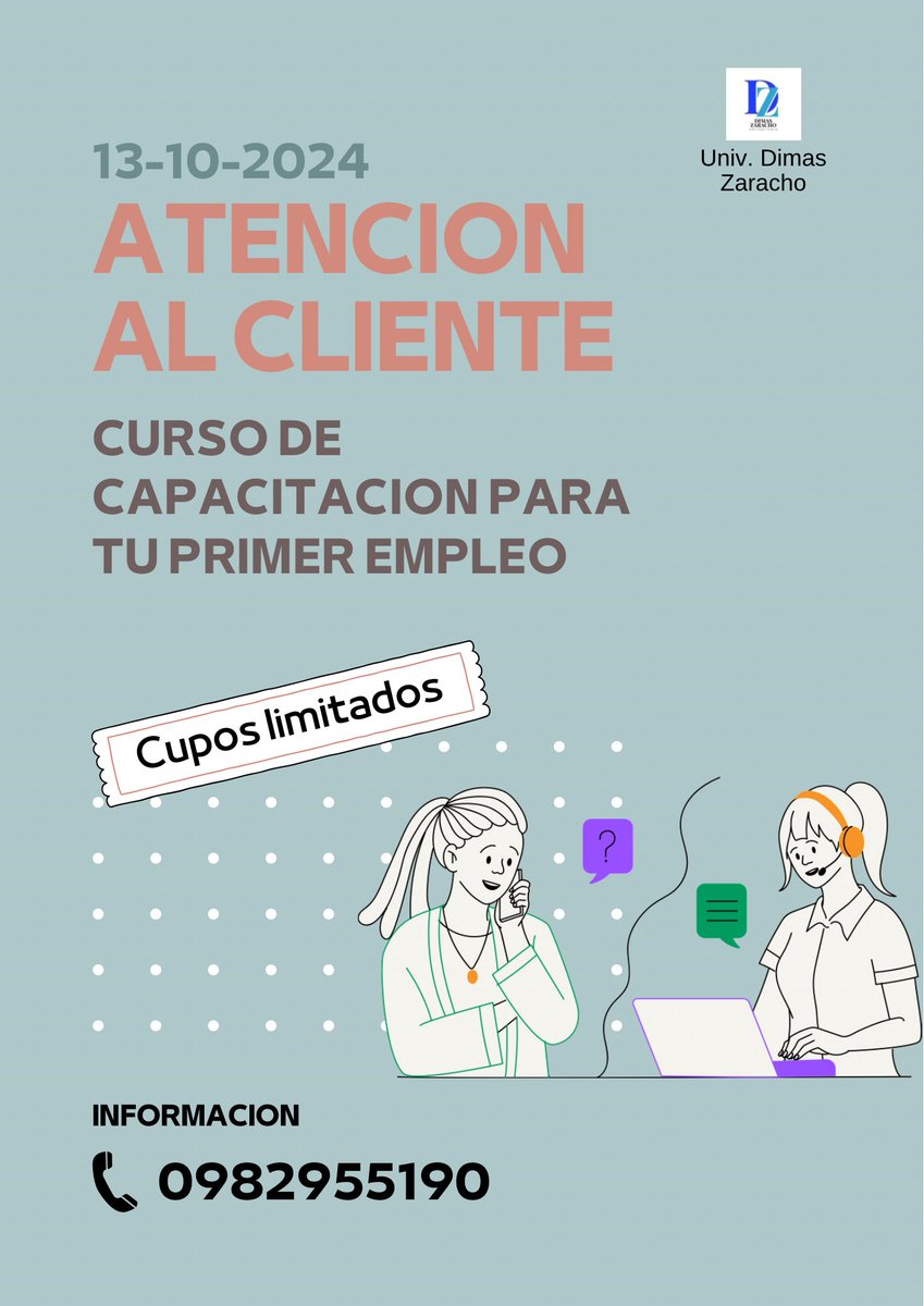 dimaszaracho's tweet photo. ¡Mejora tus habilidades en Atención al Cliente! 💼📞

Curso de capacitación donde aprenderás técnicas de comunicación, resolución de conflictos y más. 

🗓 13/10/2024
⏰ [20:30] 
📍 Virtual via Google Meet

Cupos limitados. ¡Inscríbete ya! https://t.co/9jJgoTBtaf