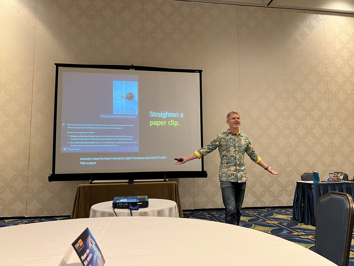 donasarkar's tweet photo. First up @jeremiahmarble shares the story of how his 7 year old locked herself in a bathroom and refused to come out.
He used @ChatGPTapp to upload a pic of the door and asked how to unlock it.
ChatGPT did not let him down and he was able to rescue his child 😹 #Starwest https://t.co/hhOG4pR1ma