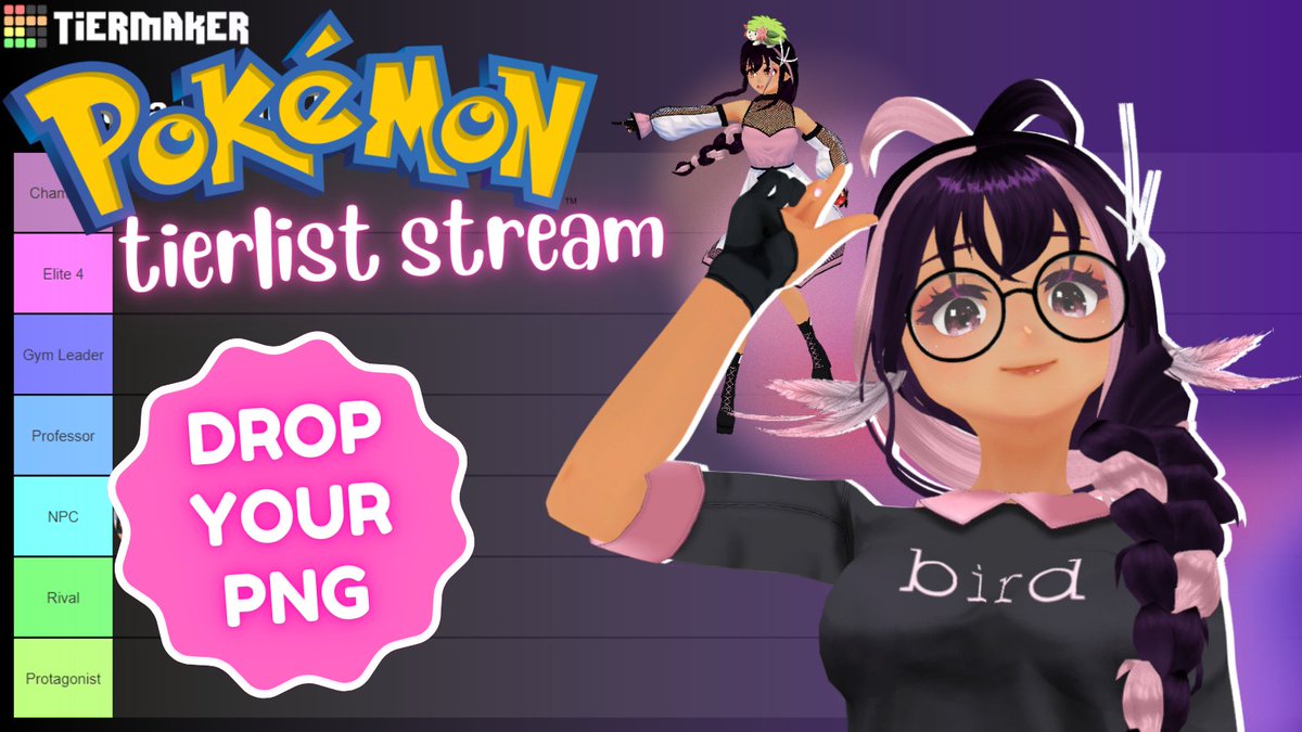 ✨✨ DROP YOUR PNG ✨✨

Mama Birdy is hosting a Pokemon tierlist stream tomorrow and needs your PNGs to fill it up! You will be assigned a Pokemon and role in the universe ❤️

RTs appreciated~
#vtuber