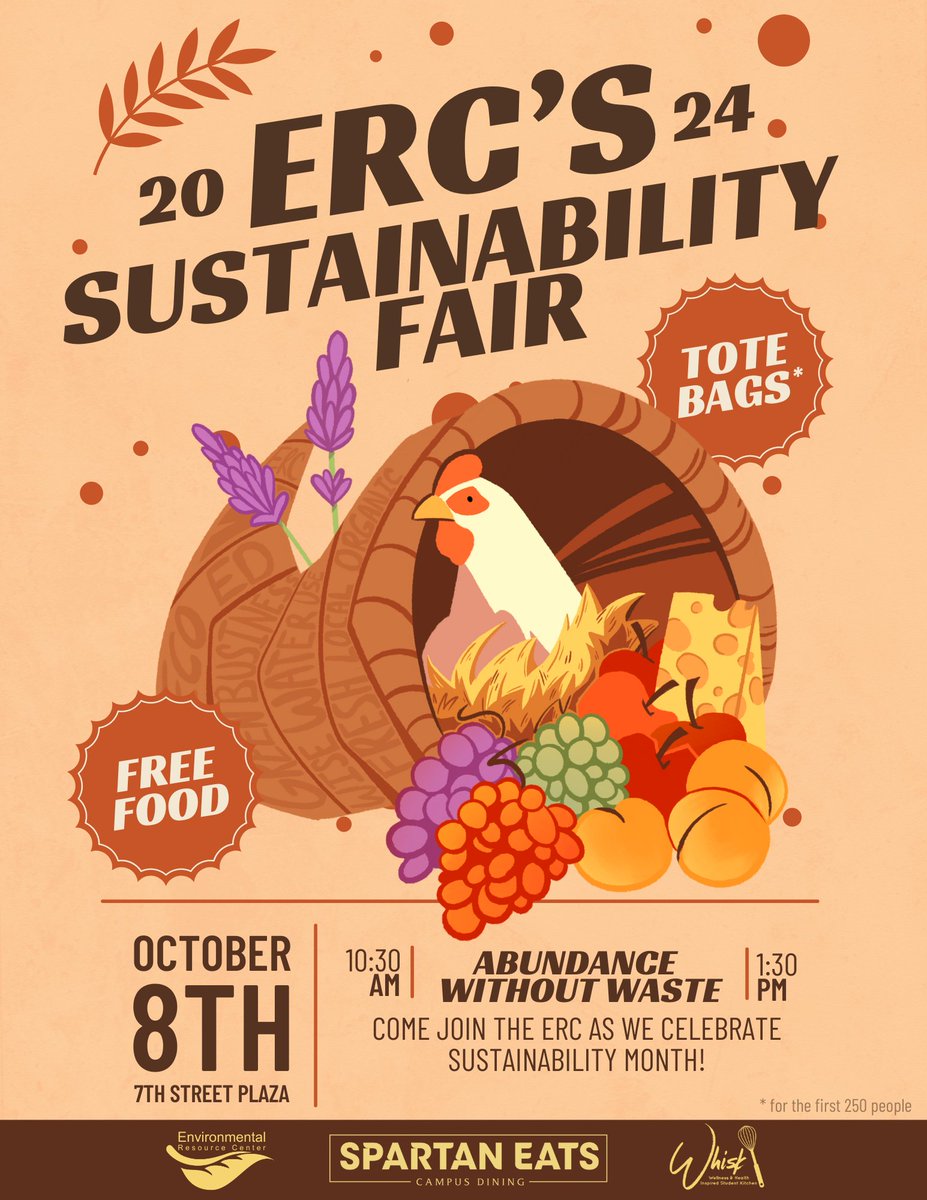 Hey Spartans!

🌱 Join us at SJSU’s Abundance Without Waste fair on October 8th from 10:30 AM to 1:30 PM on the 7th Street Plaza. ♻️ Come celebrate sustainability month with the ERC, Spartan Eats, WHISK, and community partners! 

See you there!