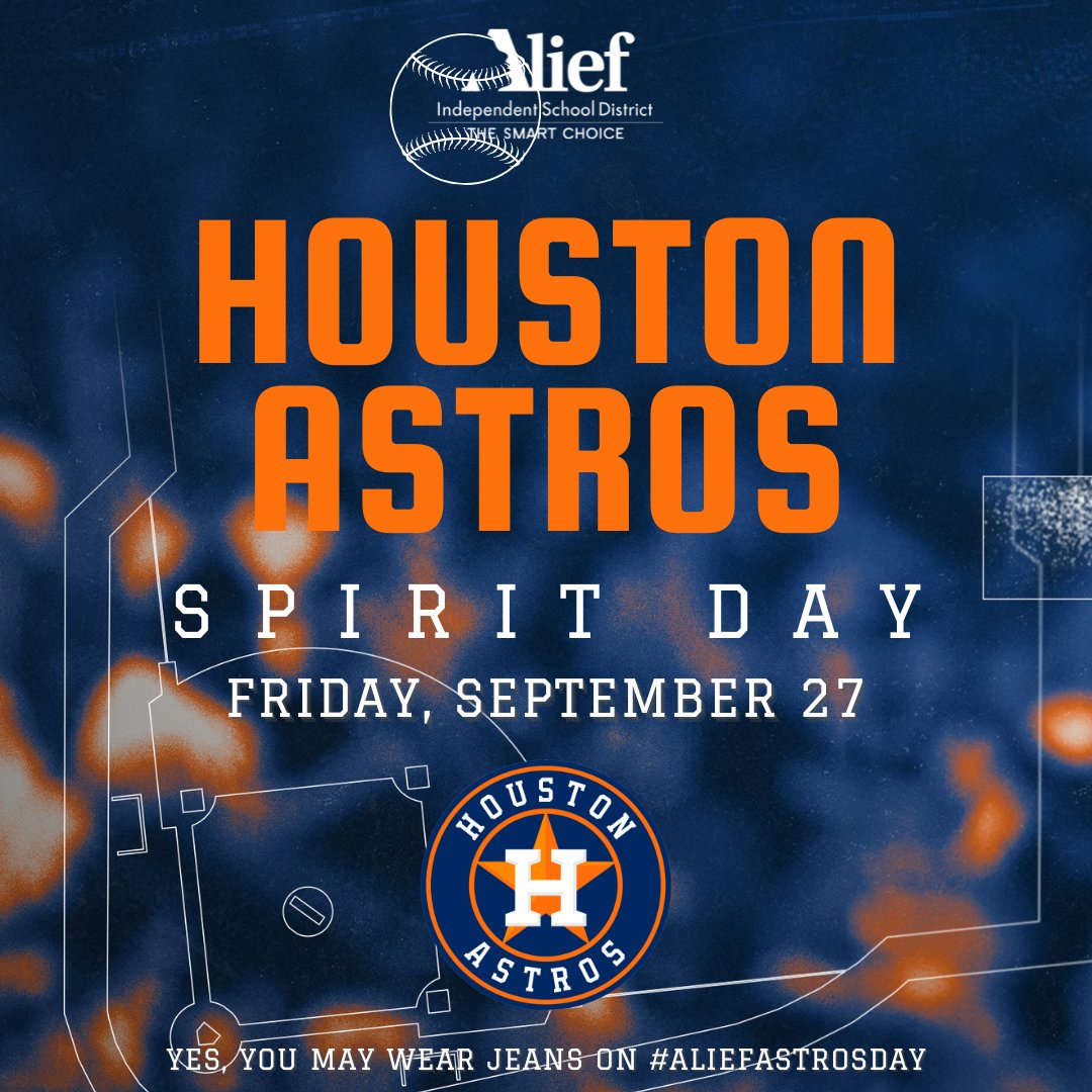 Alief ISD, let's gear up for Astros Spirit Day! Tomorrow, we celebrate our 2024 AL West Champions by rocking orange and blue. Show your Astros pride and let’s cheer them on to even greater heights! ⚾
