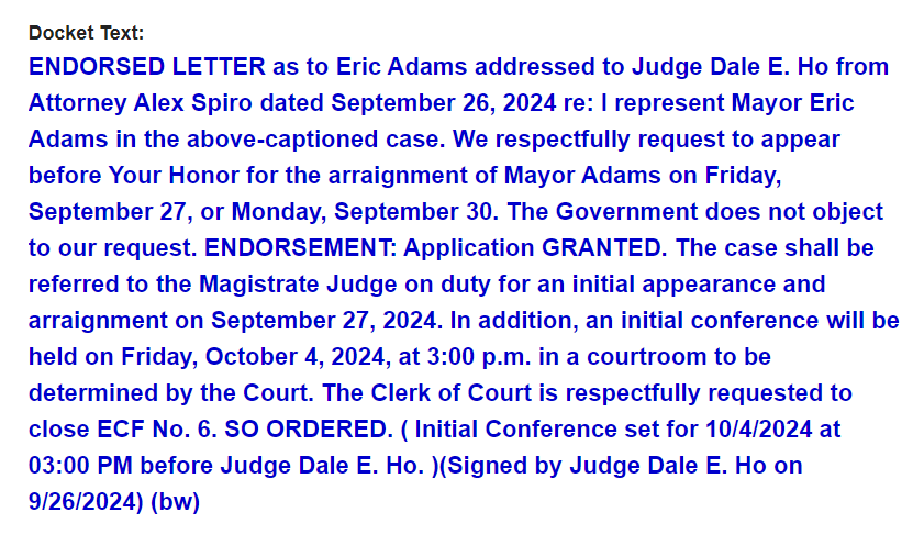 molcranenewman's tweet photo. This just in: Mayor Adams must appear before a magistrate judge in Manhattan federal court tomorrow. Judge Ho set an initial conference for Oct. 4. https://t.co/LAzvJtIW8P