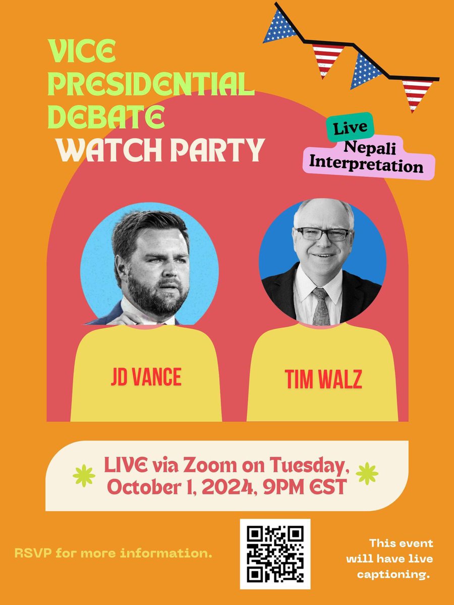 On October 1st, 2024, Adhikaar will host a virtual watch party for the U.S. Vice Presidential debate. The debate will be simultaneously interpreted in Nepali.

Sign up today to watch the debate with us: docs.google.com/forms/d/e/1FAI…