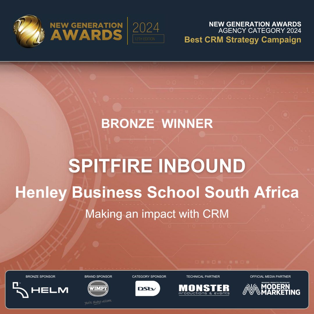Category: Best CRM Strategy compaign by an Agency
    Winner: <a href="/Spitfire/">London Spitfire</a> Inbound 
    <a href="/HenleyAfrica/">Henley Africa</a>
 
    Award: Bronze
 
    Well Done Team!
    #newgenawards