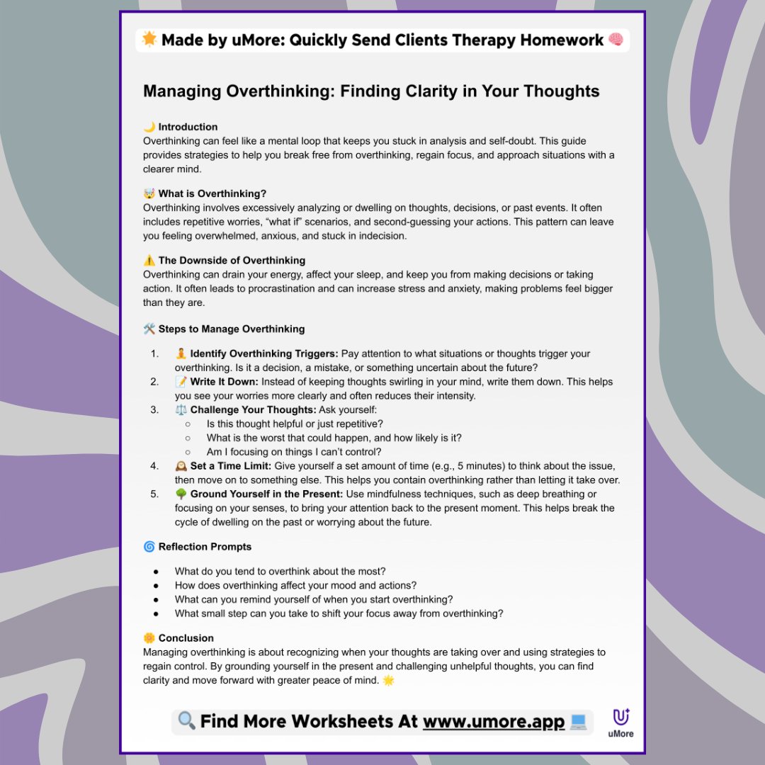 Support clients in managing overthinking with strategies for mental clarity. Visit eu1.hubs.ly/H0cClvY0 for more or DM us.

#Overthinking #Therapy #TherapyTools