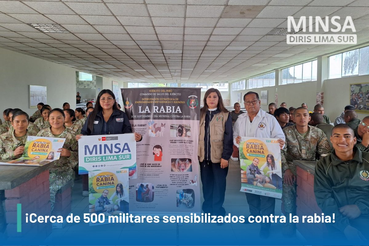 DIRISLimaSur's tweet photo. ¡Cerca de 500 militares sensibilizados contra la rabia!
La #DirisLimaSur junto con la Estrategia de Metaxénicas y Zoonosis del Comando de Salud del #Ejército, brindó sesiones educativas a 423 estudiantes de la Escuela Militar de #Chorrillos , por el Día Mundial contra la Rabia. https://t.co/B27f20ULmp