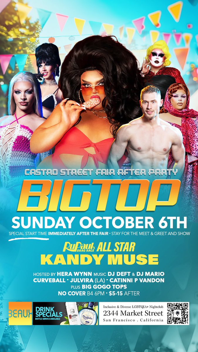 BeauxSF's tweet photo. Big Top Sundays bringing excellence in drag every weekend at #BeauxSF π₯΅ Gag on the line ups @willam @TheKandyMuse @JessicaWild88 @TheOnlyDetox @herawynnsf @Joshuajpresents https://t.co/aSulKkcVdP