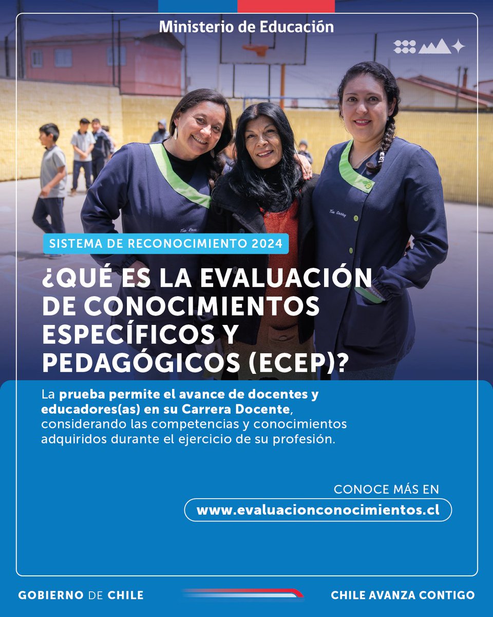 CPEIP_mineduc's tweet photo. La #ECEP es la Evaluación que deben rendir docentes y educadoras/es que están en el proceso de evaluación este 2024.

Si estás en el proceso evaluativo 2024, DEBES validar tus datos para rendir la ECEP hasta el 6 de octubre ingresando con tu Clave Única a https://t.co/bprTpGaYBq https://t.co/0ENpzwUBac
