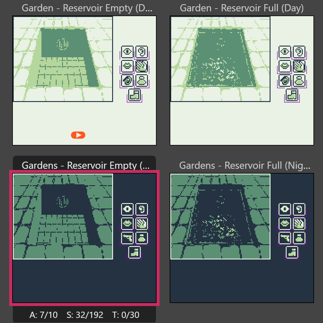 dollydogu's tweet photo. ive been working on a game boy point and click game, mostly--a pivot from a la-mulana-esque platformer--where you switch between two protagonists. (this stage is inspired by the hanging gardens of babylon) https://t.co/s825xBAB0Q