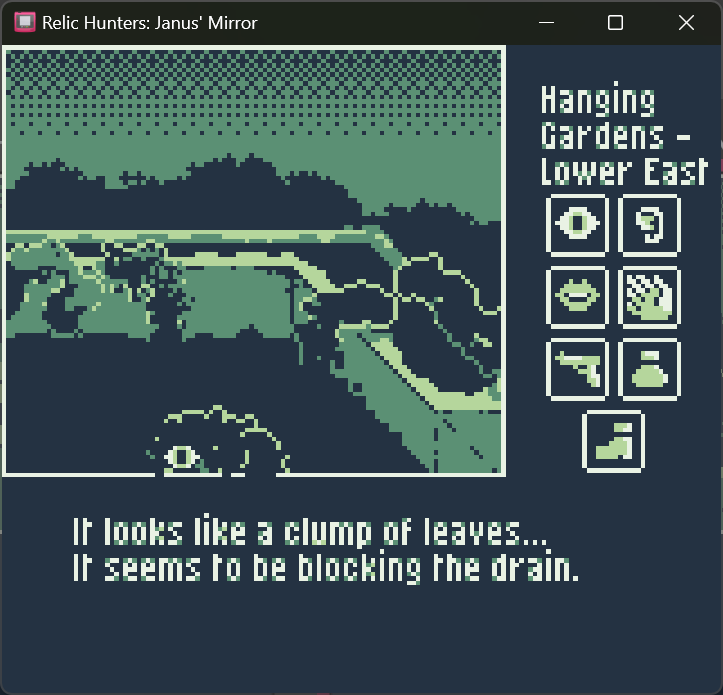 dollydogu's tweet photo. ive been working on a game boy point and click game, mostly--a pivot from a la-mulana-esque platformer--where you switch between two protagonists. (this stage is inspired by the hanging gardens of babylon) https://t.co/s825xBAB0Q