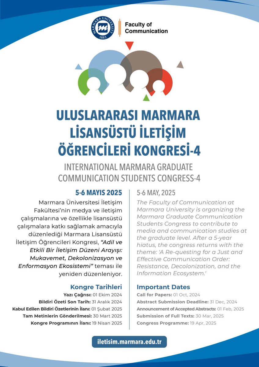 Davet!👇
▶️Adil ve Etkili Bir #İletişim Düzeni Arayışı:#Mukavemet, #Dekolonizasyon ve #EnformasyonEkosistemi
▶️A Re-questing for Just and Effective #Communication Order: #Resistance, #Decolonization and Information Ecosystem
Detaylar➡️iletisim-kongre.marmara.edu.tr
#marmarailetisim
