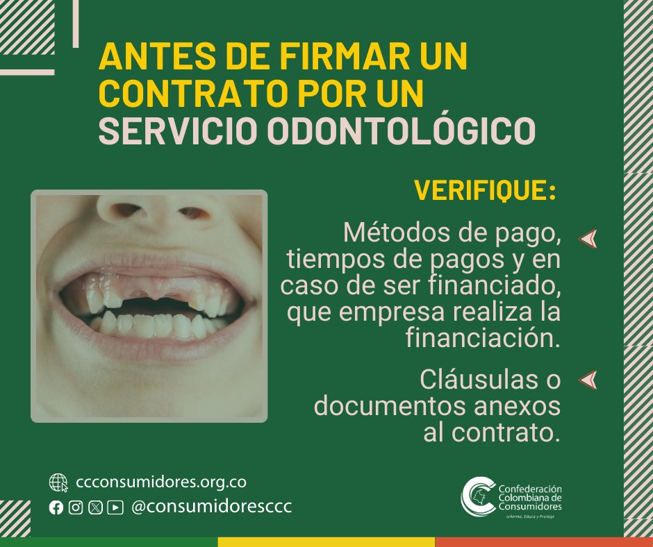 Consumidoresccc's tweet photo. 🌏 La Confederación Colombiana de Consumidores lo invita a conocer sus derechos y hacerlos valer →Ante de firmar un contrato por un servicio odontológico. 👈
#DerechosHumanos #ventasonline #VentasInteligentes #ventaseninternet #online #comprarenlínea #comprasegura https://t.co/NcCZaU1Zaz