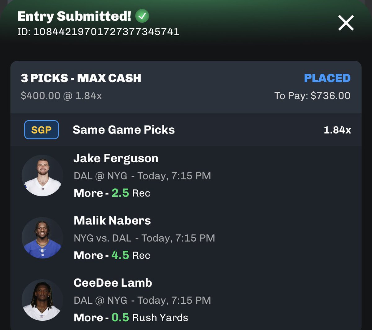 ChampBetsUFC's tweet photo. 🔥 NFL THURSDAY $400 NUKE 😳

🤝 Jake Ferguson OVER 2.5 Rec
🤝 Malik Nabers OVER 4.5 Rec
🤝 Ceedee Lamb OVER 0.5 Rush yds 

$400 pays $736 on @ChalkboardHQ 💚
Like if tailing🫵 https://t.co/4BIEV8RRgI