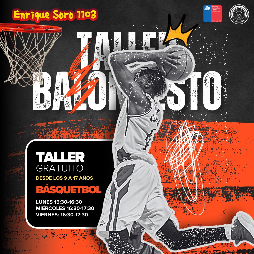 Tenemos excelentes noticias para nuestra comunidad deportiva, un nuevo taller gratuito de Basquetbol para niñas y niños desde los 9 a los 17 años en el Polideportivo Enrique Soro, La inscripción es presencial por orden de llegada según cupos disponibles